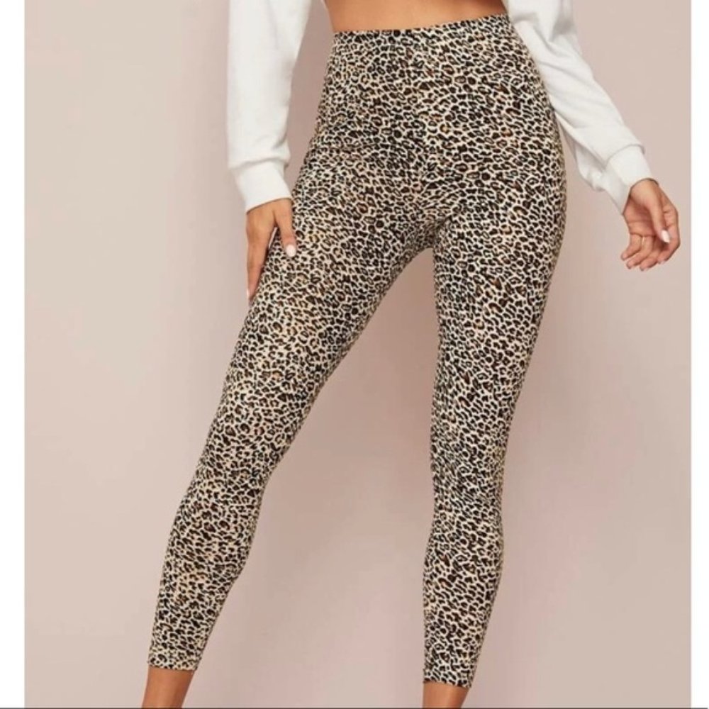 Leopard print leggings soft knit elastic waist